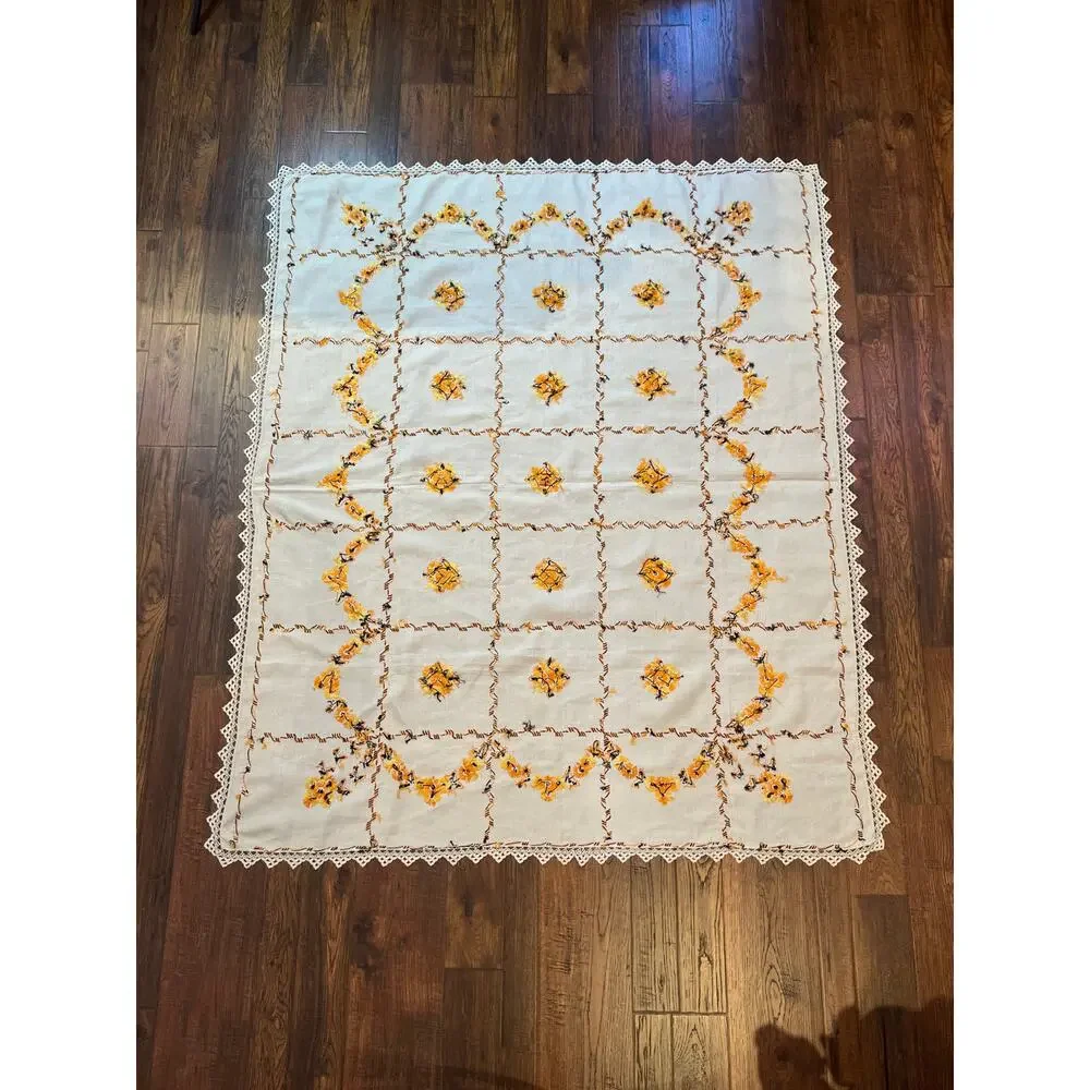 Vintage Embroidered Tablecloth Autumnal Orange Yellow Floral Crochet Lace Border
